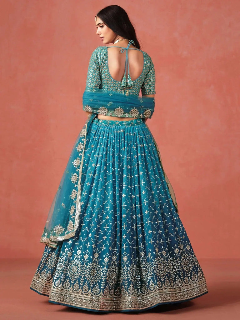 Adorable Teal Blue Georgette Zari Embroidered Lehenga Choli - Ethnic Plus In
