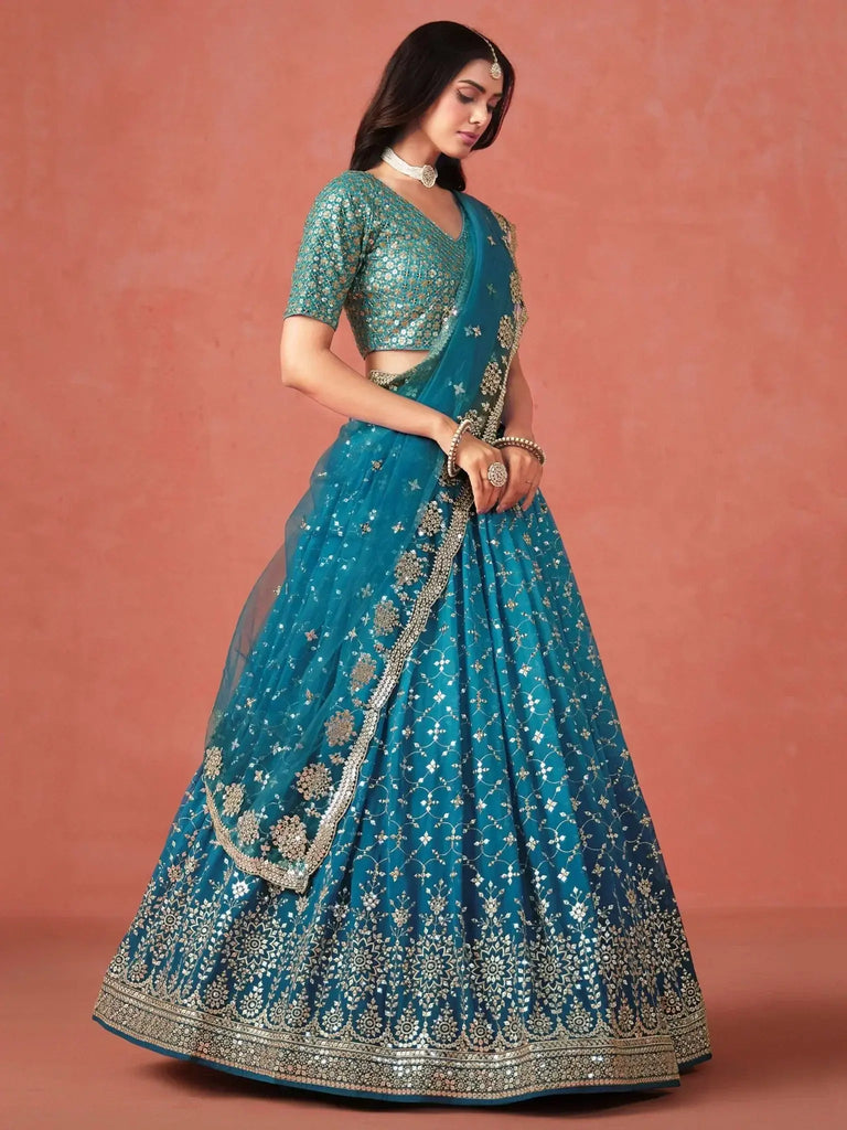 Adorable Teal Blue Georgette Zari Embroidered Lehenga Choli - Ethnic Plus In