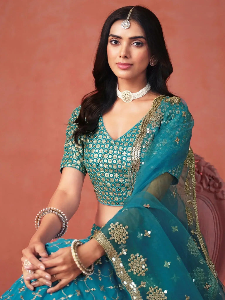 Adorable Teal Blue Georgette Zari Embroidered Lehenga Choli - Ethnic Plus In