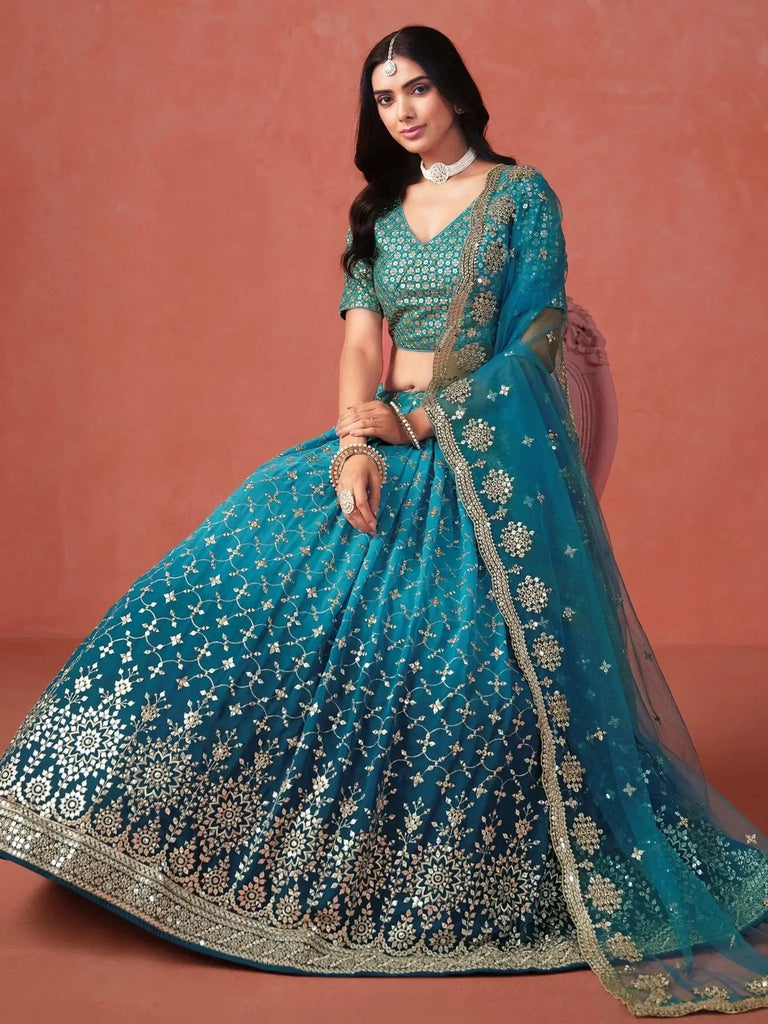 Adorable Teal Blue Georgette Zari Embroidered Lehenga Choli - Ethnic Plus In