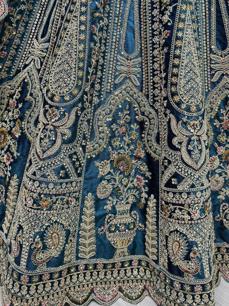 Adorable Teal Blue Velvet Bridal Lehenga Choli With Dupatta - Ethnic Plus In