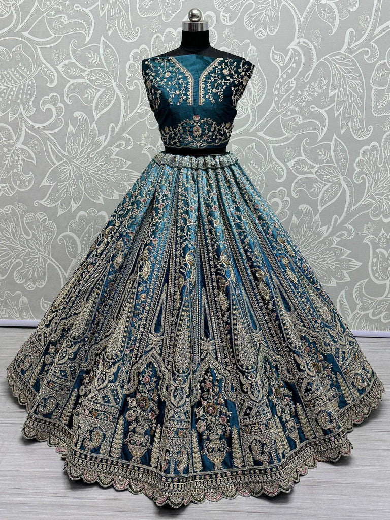 Adorable Teal Blue Velvet Bridal Lehenga Choli With Dupatta - Ethnic Plus In