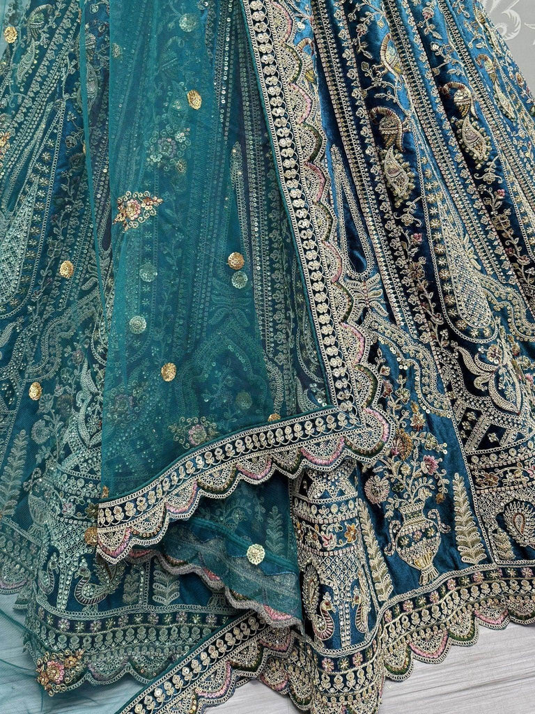 Adorable Teal Blue Velvet Bridal Lehenga Choli With Dupatta - Ethnic Plus In