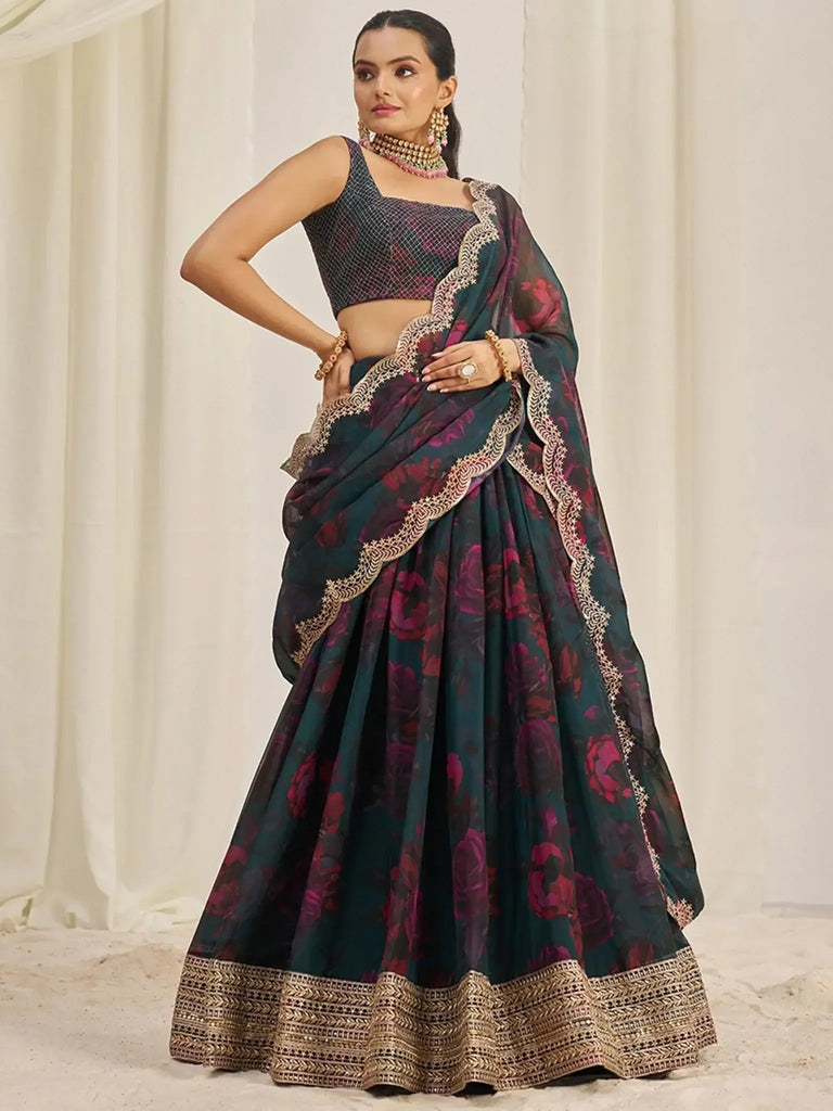Adorable Teal Green Organza Function Wear Lehenga Choli With Dupatta - Ethnic Plus In