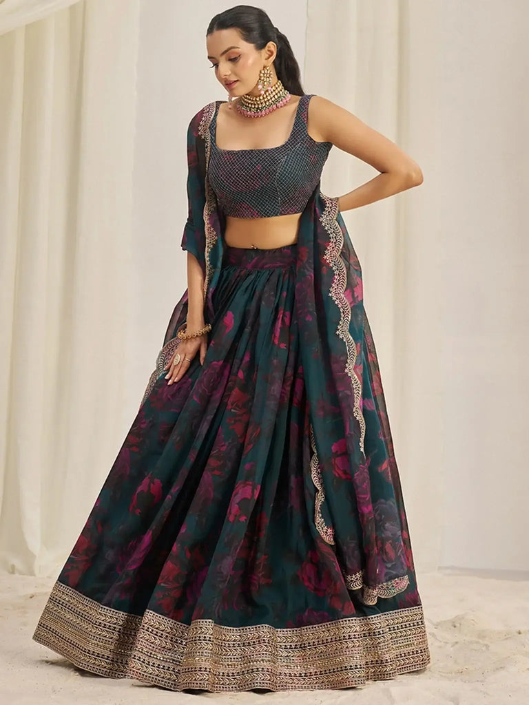 Adorable Teal Green Organza Function Wear Lehenga Choli With Dupatta - Ethnic Plus In
