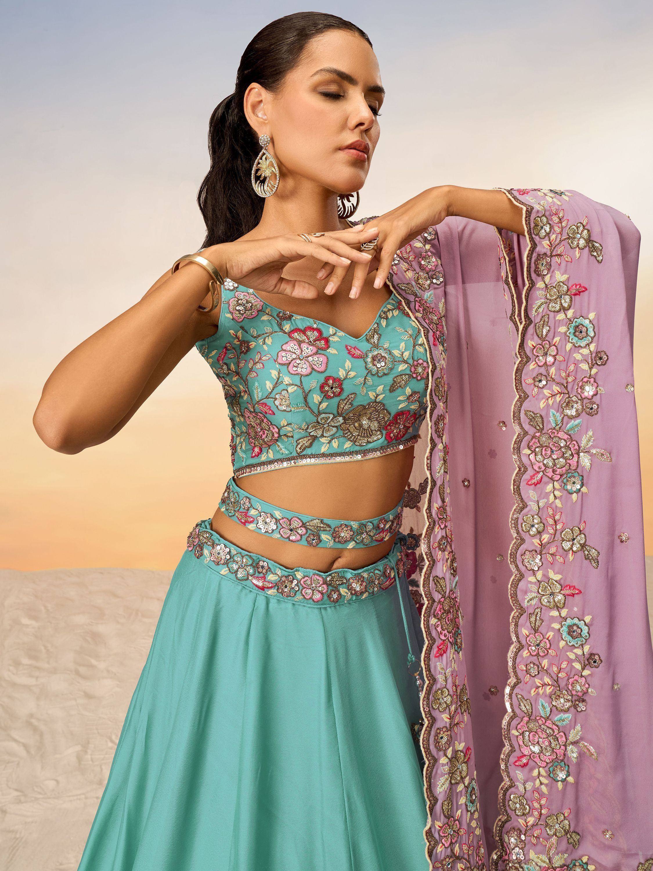 Teal floral embroidered lehenga choli with purple dupatta, Indian ethnic wear