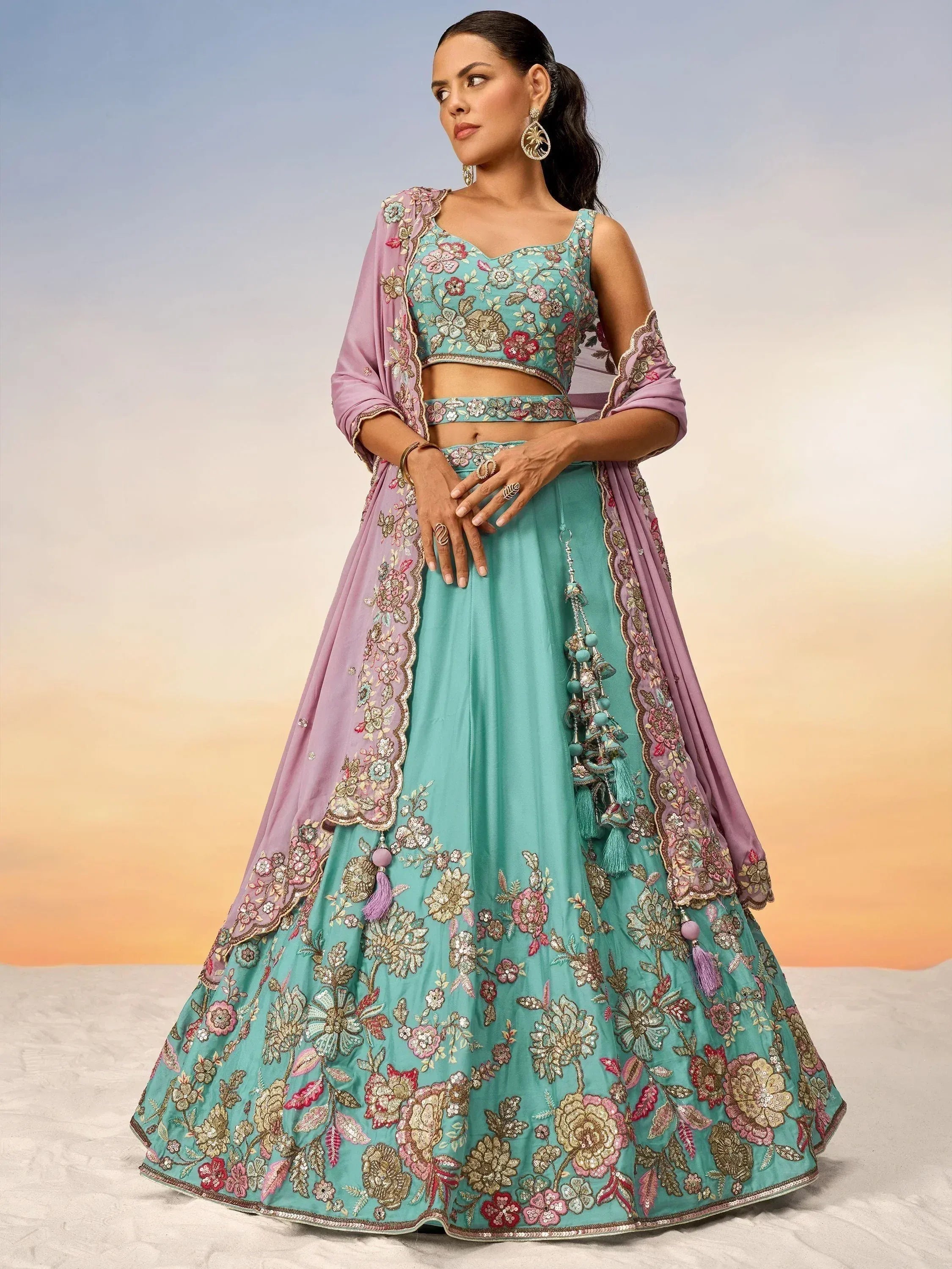Turquoise floral embroidered lehenga choli with lavender dupatta, Indian ethnic wear for weddings