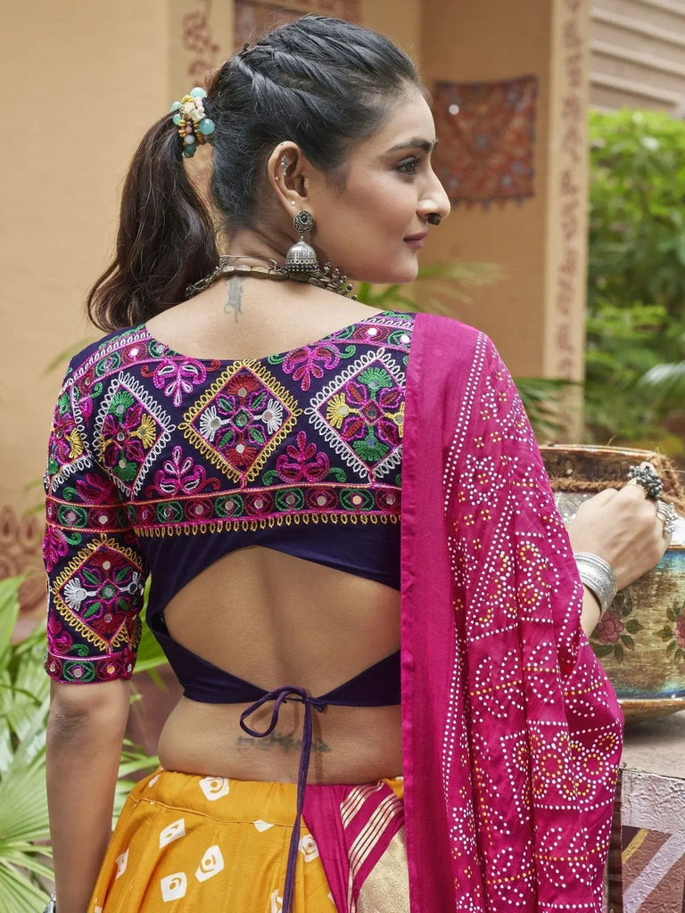 Adorable Yellow Embroidered Cotton Navratri Lehenga Choli With Dupatta - Ethnic Plus In