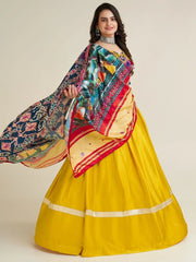Adorable Yellow Gamthi Work Satin Navratri Wear Lehenga Choli With Dupatta - Ethnic Plus In