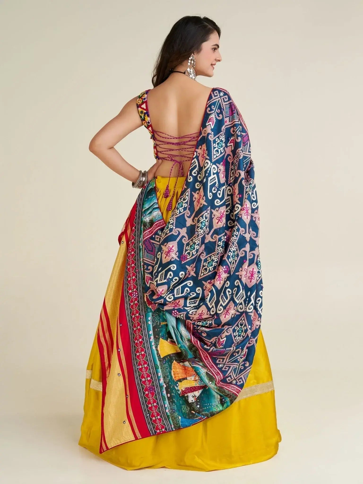 Adorable Yellow Gamthi Work Satin Navratri Wear Lehenga Choli With Dupatta - Ethnic Plus In