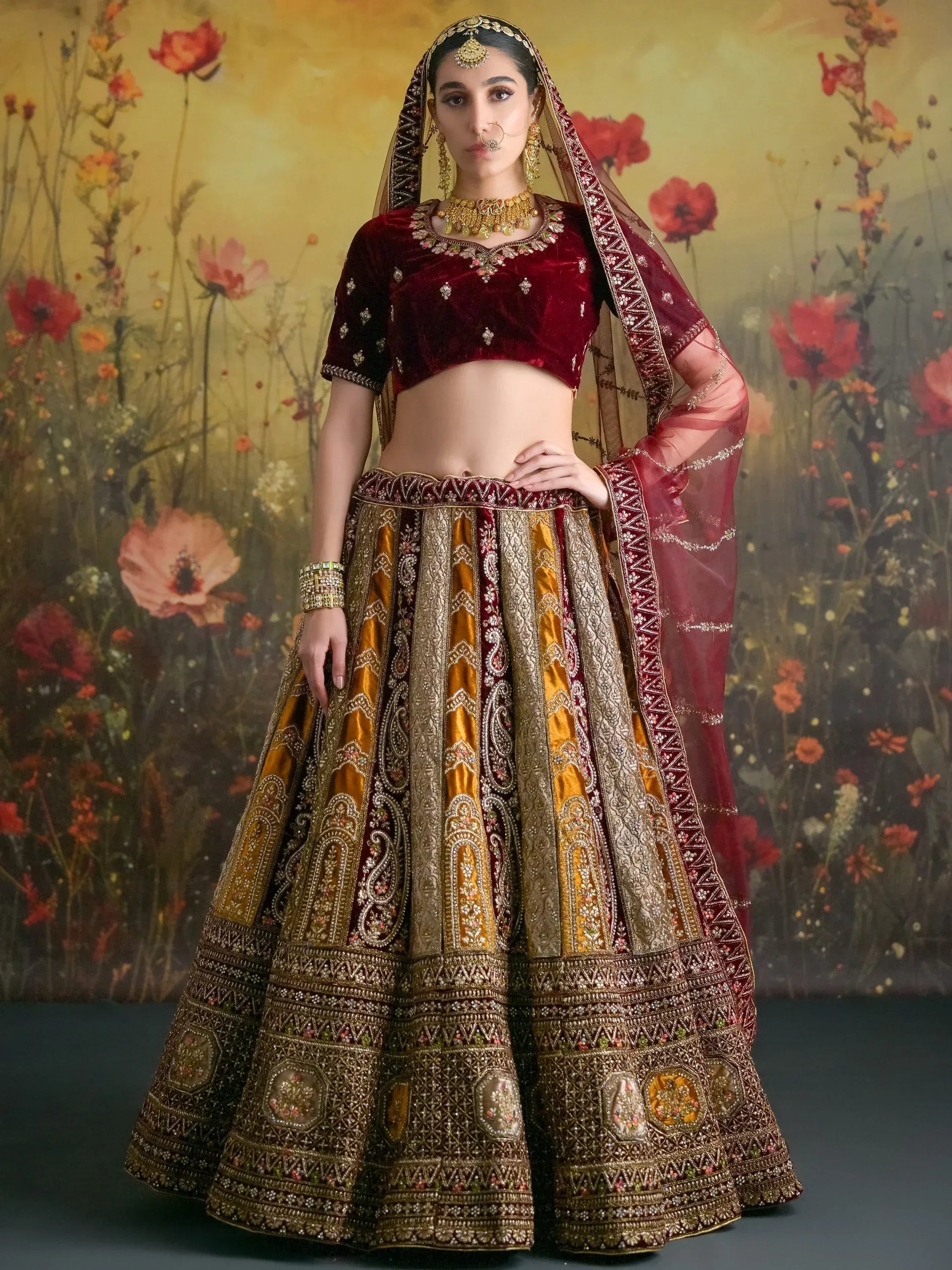 Maroon and gold embroidered lehenga choli with dupatta, Indian ethnic wear for weddings