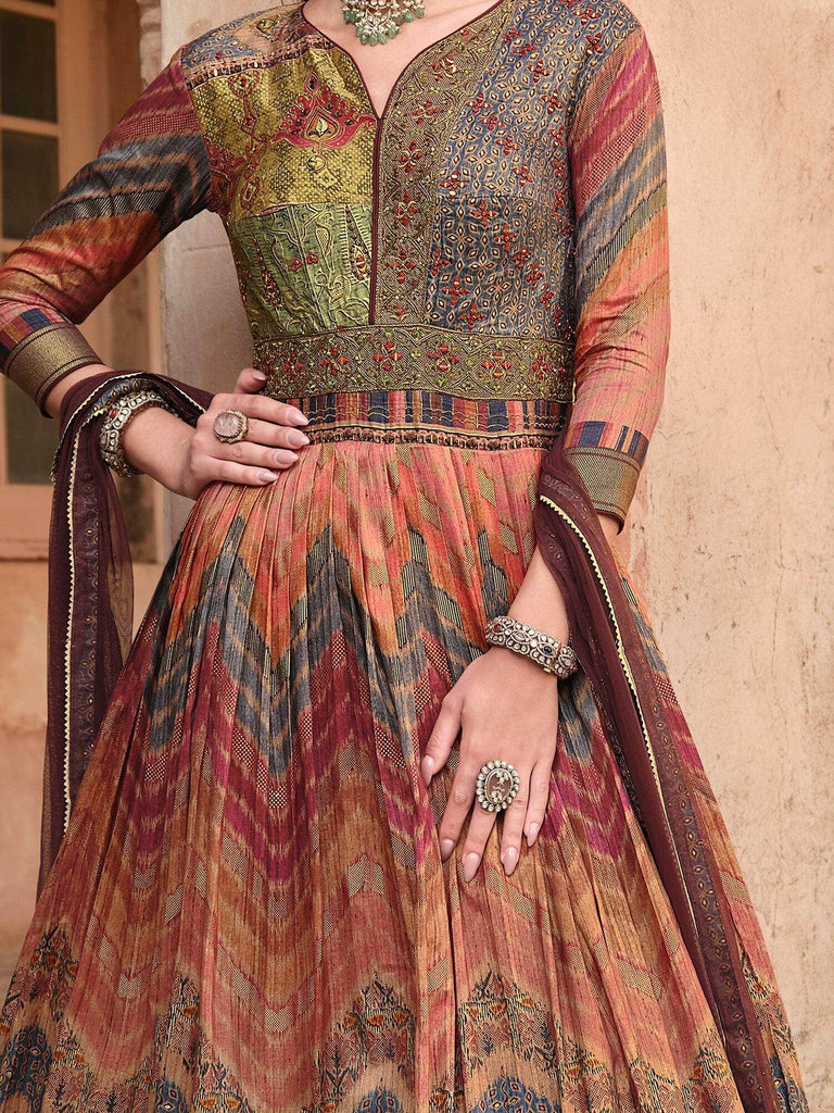 Adorable Multi-Color Weaving Silk Traditional Gown With Dupatta