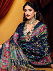 Adorable Navy-Blue Printed Tussar Silk Casual Wear Saree With Blouse