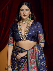 Adorable Navy-Blue Printed Tussar Silk Casual Wear Saree With Blouse