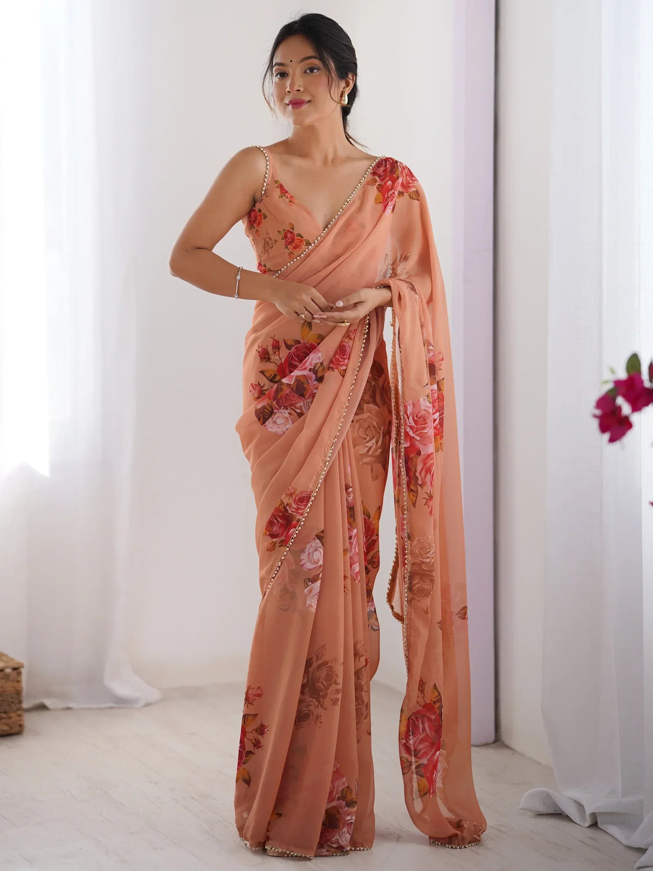 Peach floral saree with pearl trim, Indian ethnic wear for women, stylish designer saree