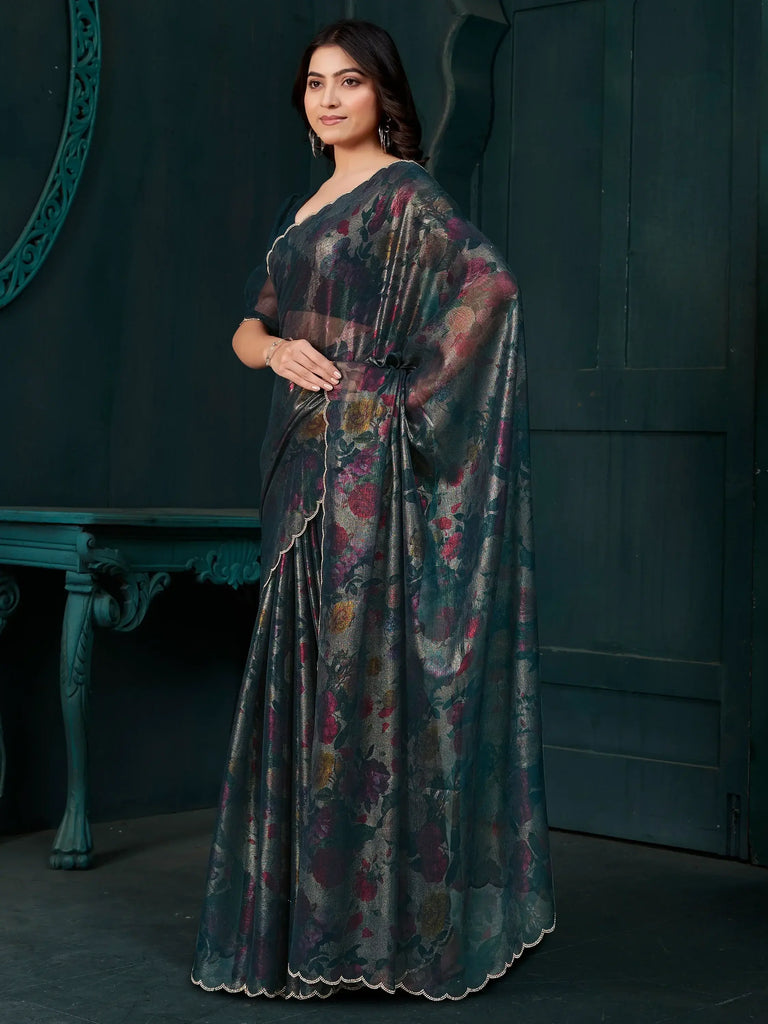 Adorable Teal Blue Floral Printed Silk Casual Wear Saree With Blouse