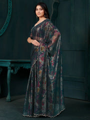 Adorable Teal Blue Floral Printed Silk Casual Wear Saree With Blouse