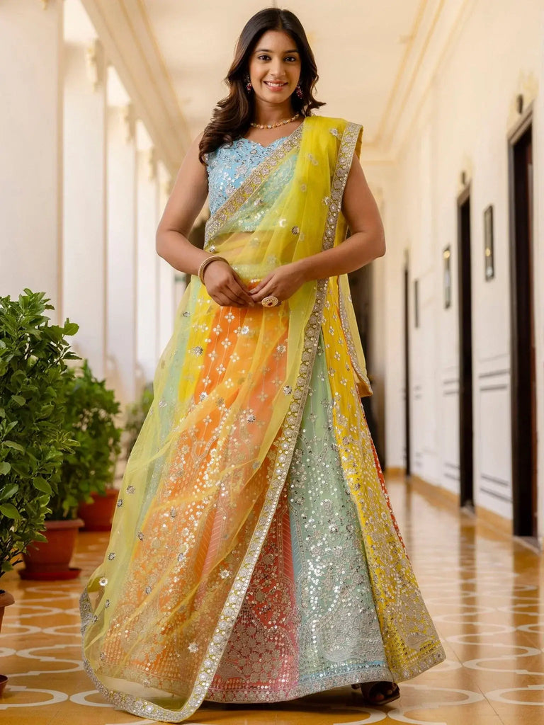 Adoring Multi Color Sequins Georgette Lehenga Choli With Dupatta - Ethnic Plus In