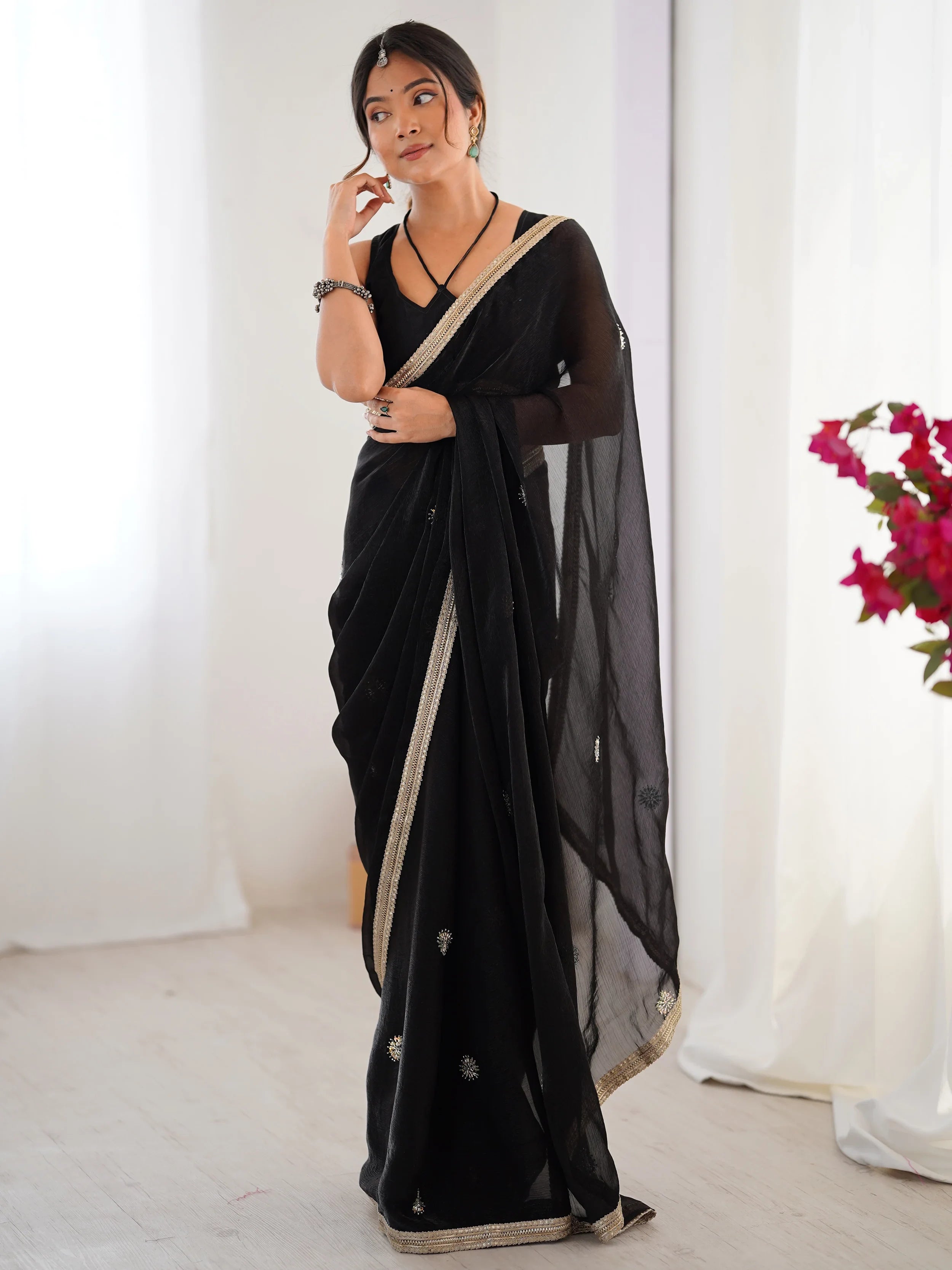 Adorning Black Silk Sequins Ceremonial Wear Saree With Blouse - Ethnic Plus In