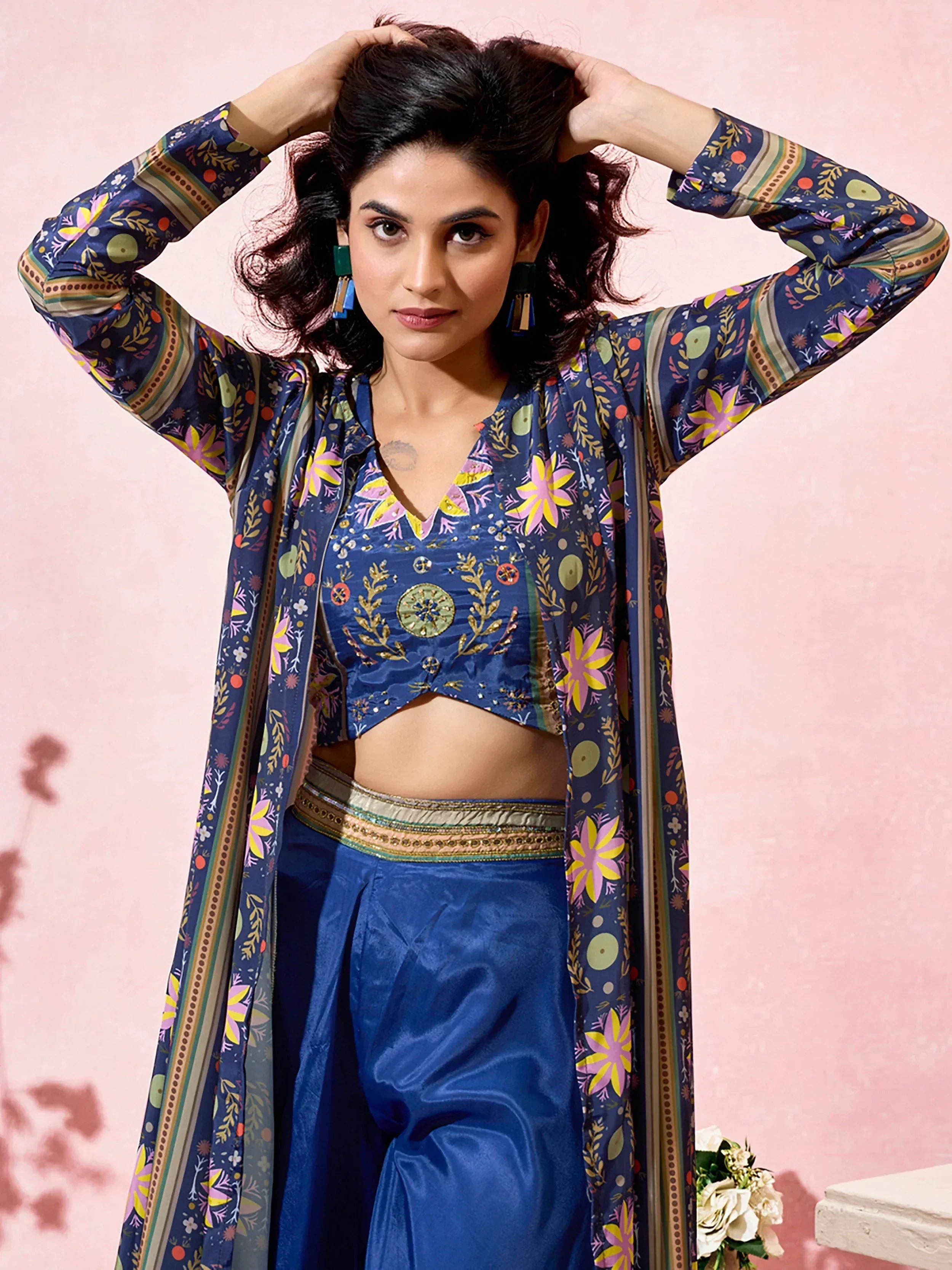Blue floral printed ethnic salwar kameez with embroidered crop top and palazzo pants