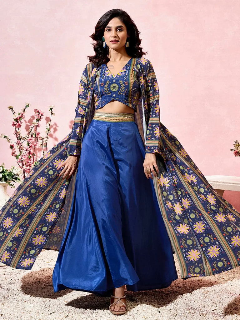 Adorning Blue Khatli Work Sangeet Wear Crop Top Palazzo With Shrug - Ethnic Plus In