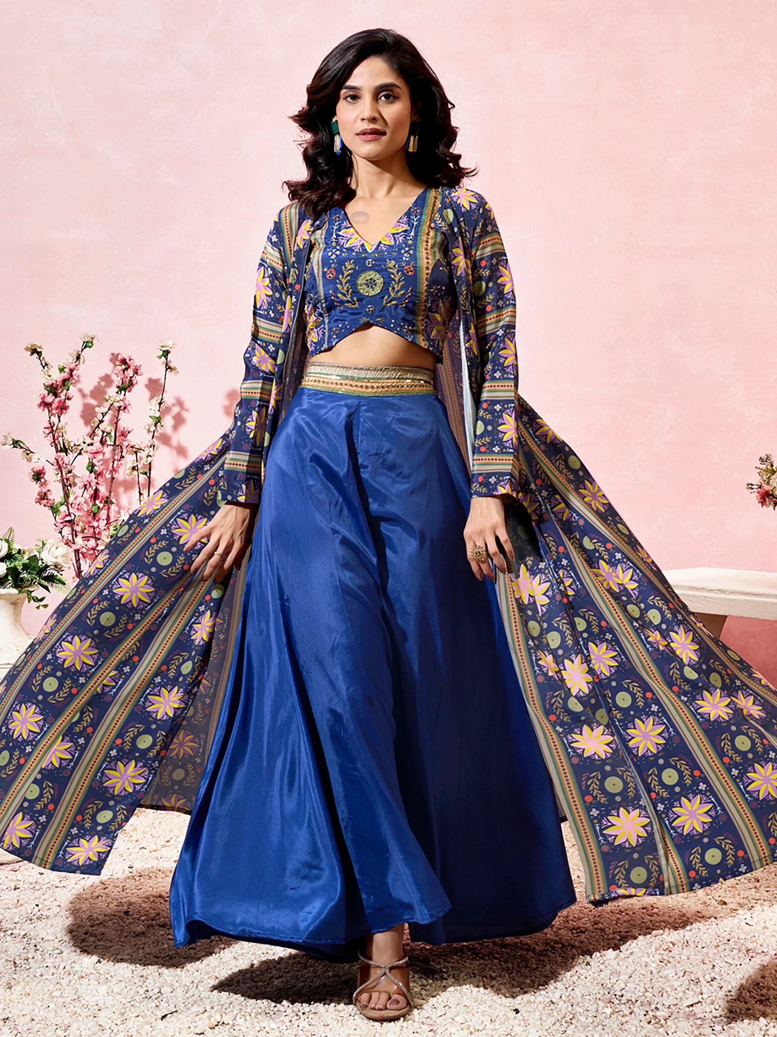 Blue floral printed ethnic sharara set with embroidered crop top and dupatta for women