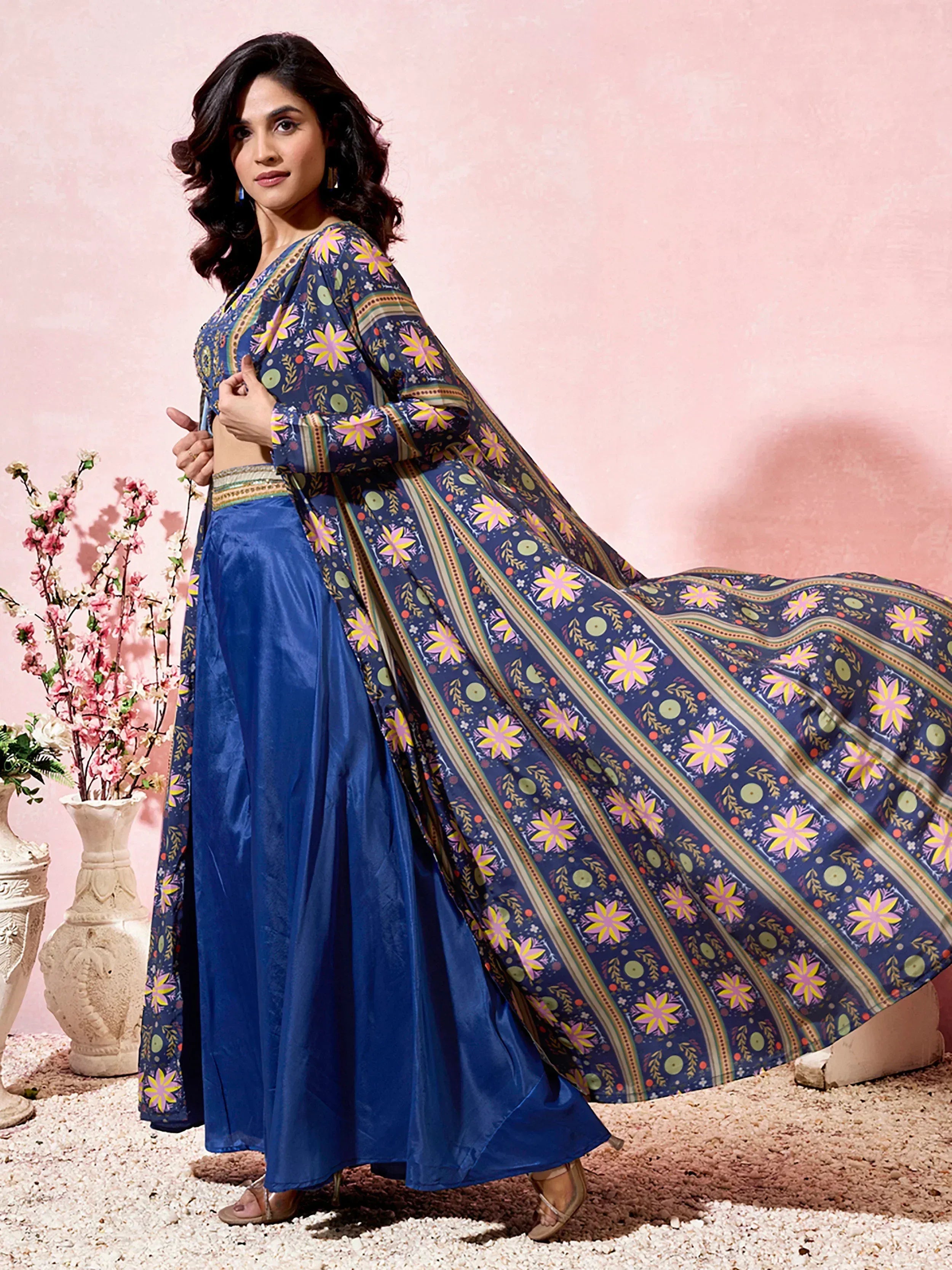 Blue floral print ethnic gown with palazzo pants, perfect for Indian occasions