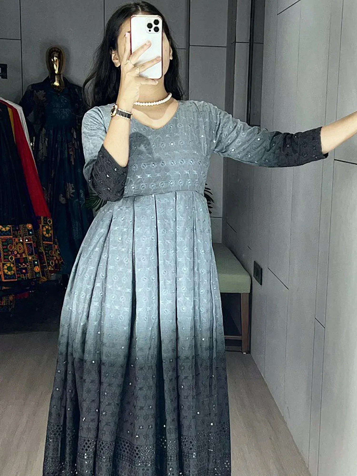Grey ombre ethnic gown with sequin detailing, perfect for Indian occasions and festive wear