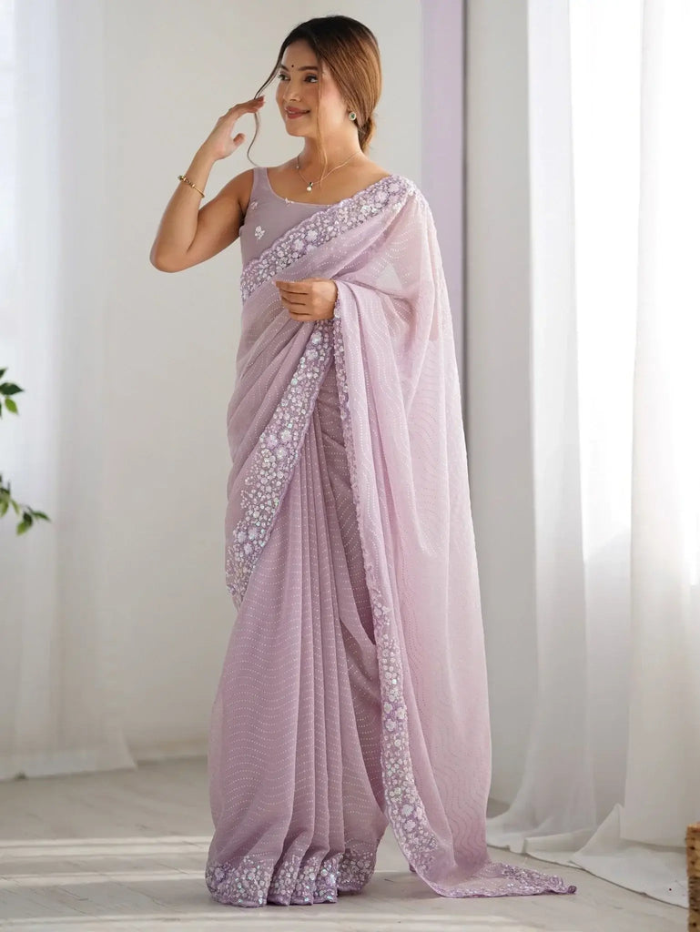 Adorning Lavender Embroidered Party Wear Saree With Blouse - Ethnic Plus In