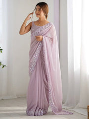 Adorning Lavender Embroidered Party Wear Saree With Blouse - Ethnic Plus In