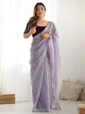 Adorning Lavender Sequins Embroidered Net Saree With Blouse - Ethnic Plus In