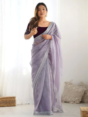Adorning Lavender Sequins Embroidered Net Saree With Blouse - Ethnic Plus In