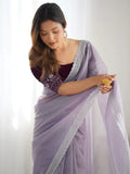Adorning Lavender Sequins Embroidered Net Saree With Blouse - Ethnic Plus In