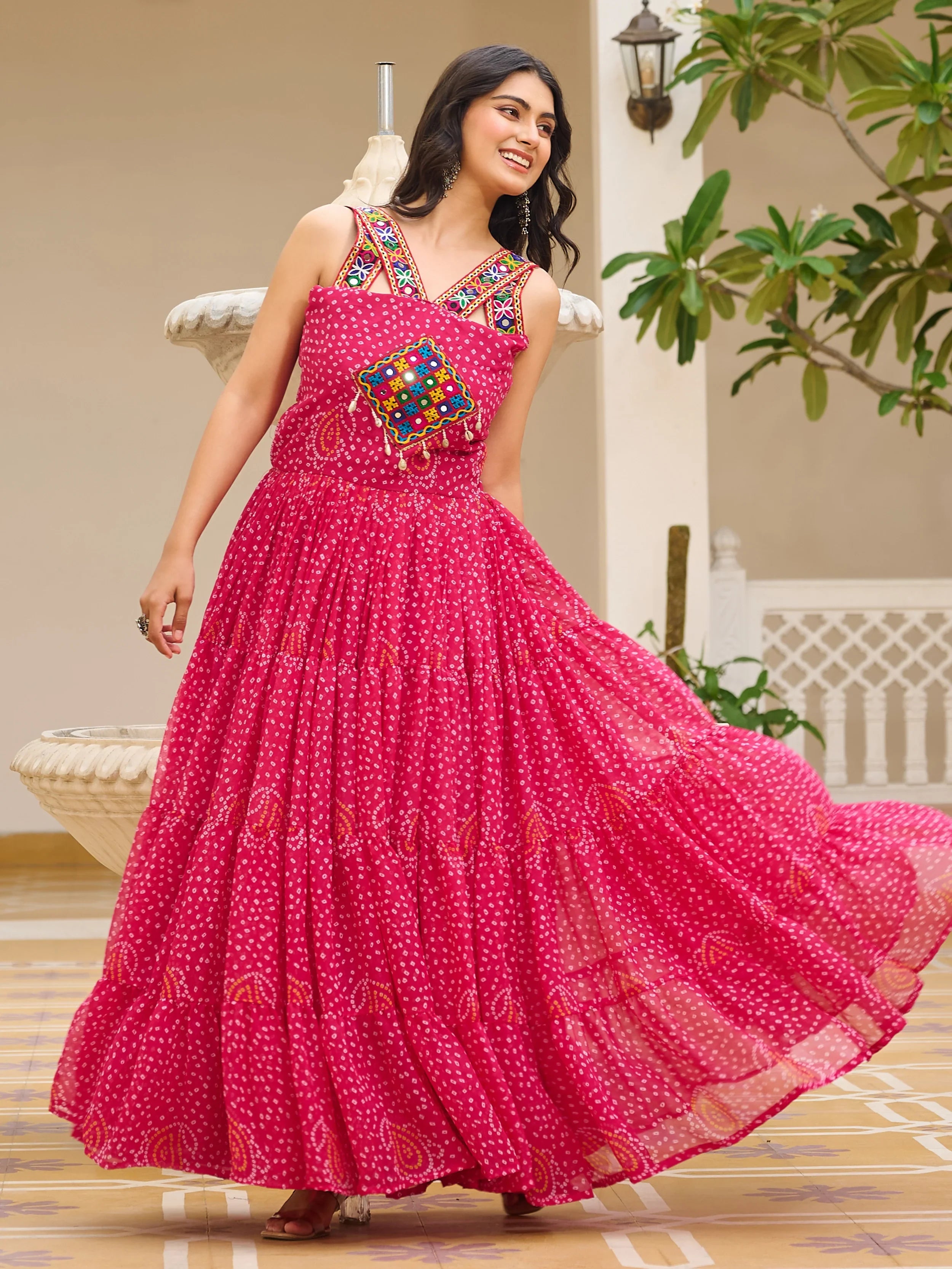 Adorning Pink Bandhani Print Festival Wear Gown - Ethnic Plus In