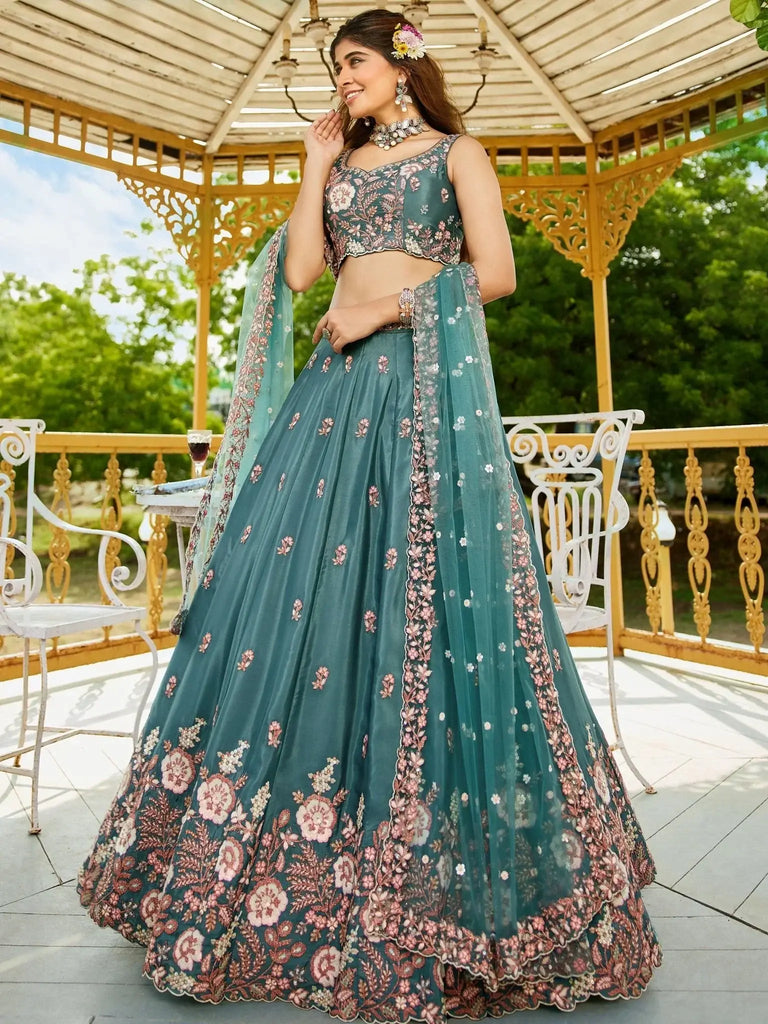 Adorning Sea Green Satin Sangeet Wear Lehenga Choli With Dupatta - Ethnic Plus In