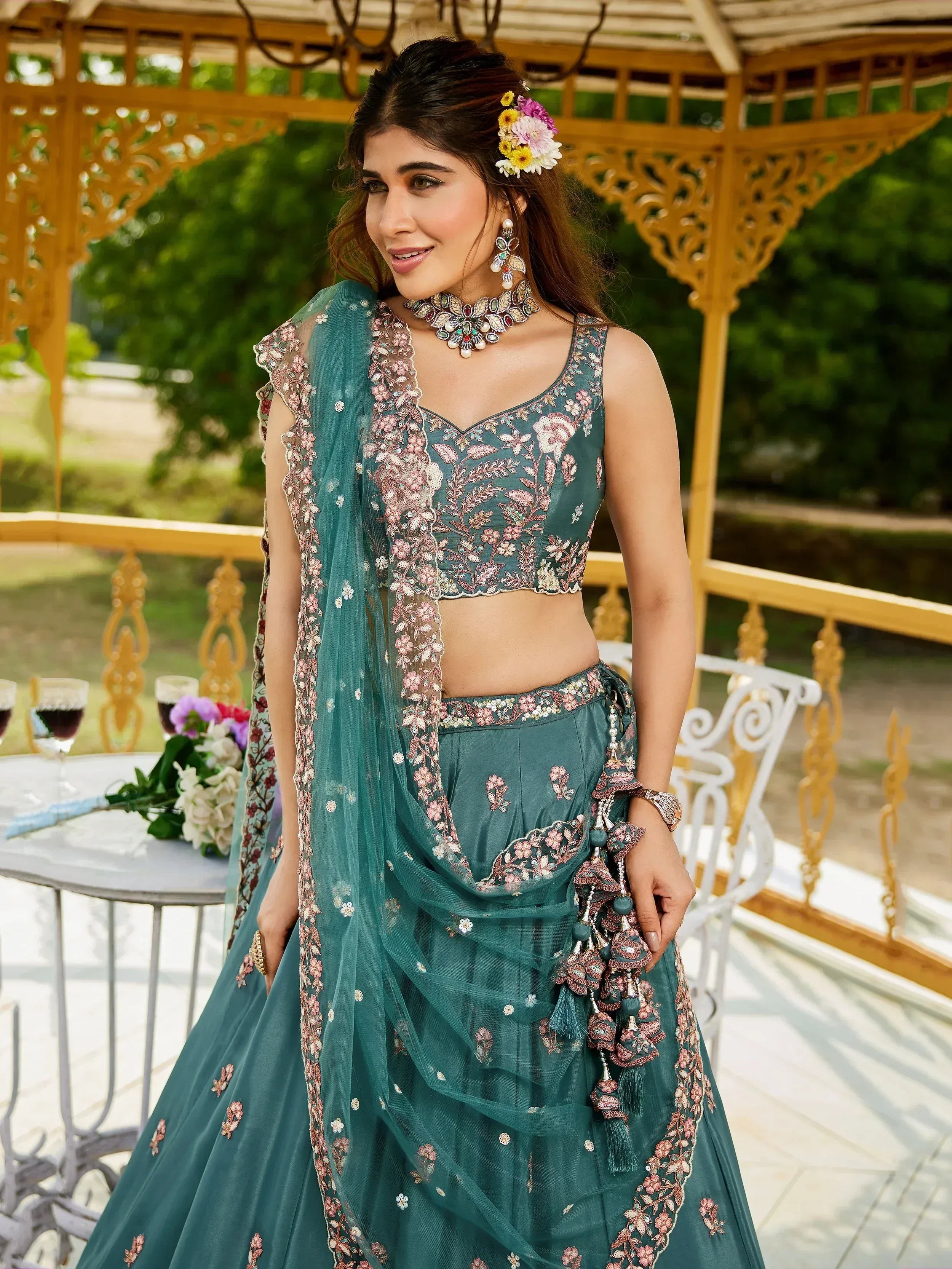 Teal floral embroidered lehenga choli with matching dupatta, perfect for Indian ethnic occasions