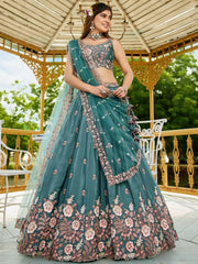 Adorning Sea Green Satin Sangeet Wear Lehenga Choli With Dupatta - Ethnic Plus In