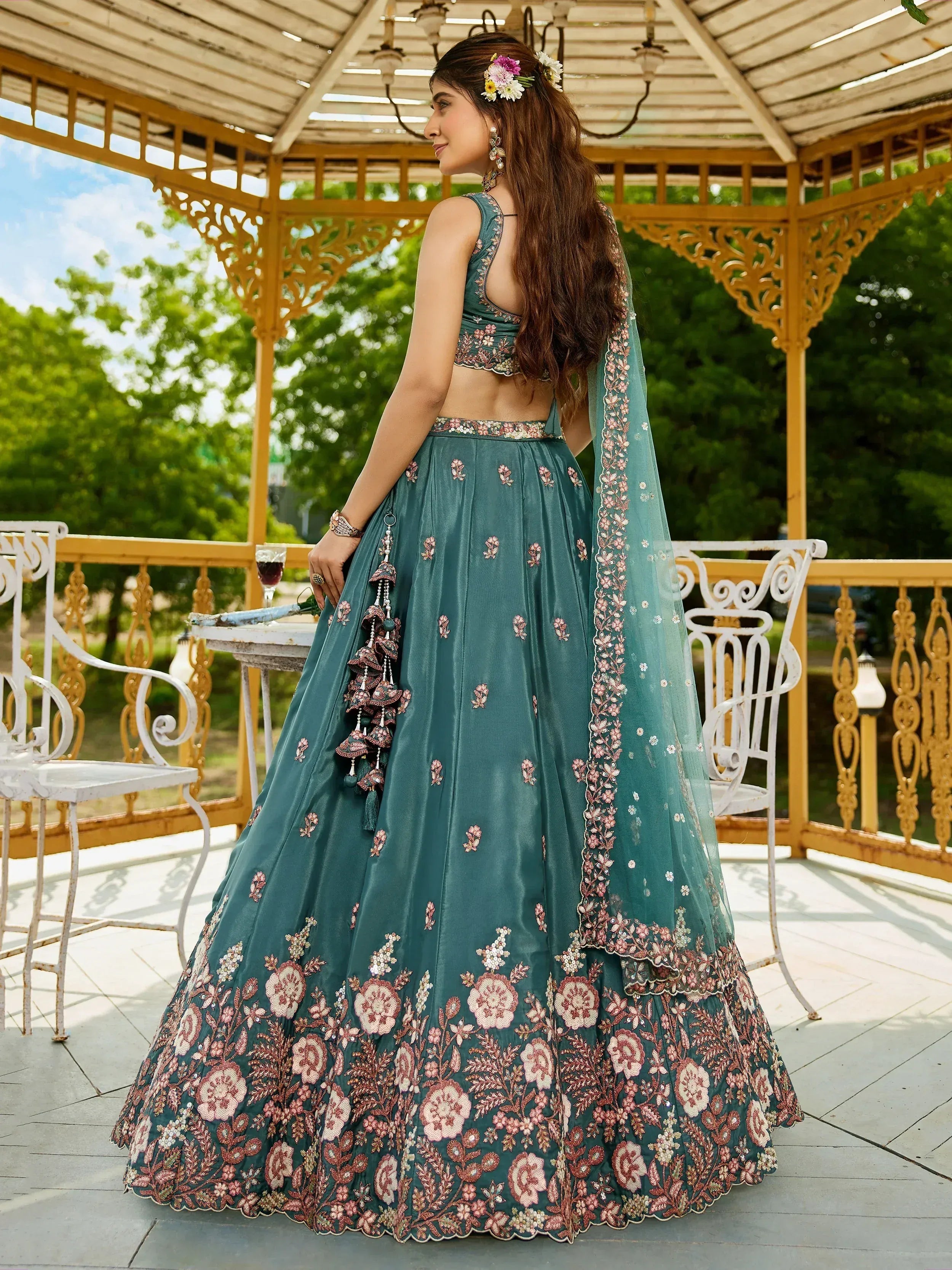 Teal floral embroidered lehenga choli with dupatta, perfect for Indian ethnic wear occasions