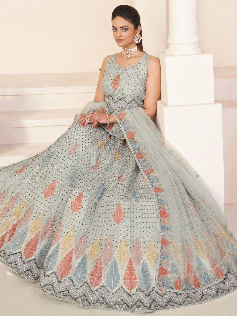 Stunning Grey Sequins Net Reception Wear Lehenga Choli With Dupatta