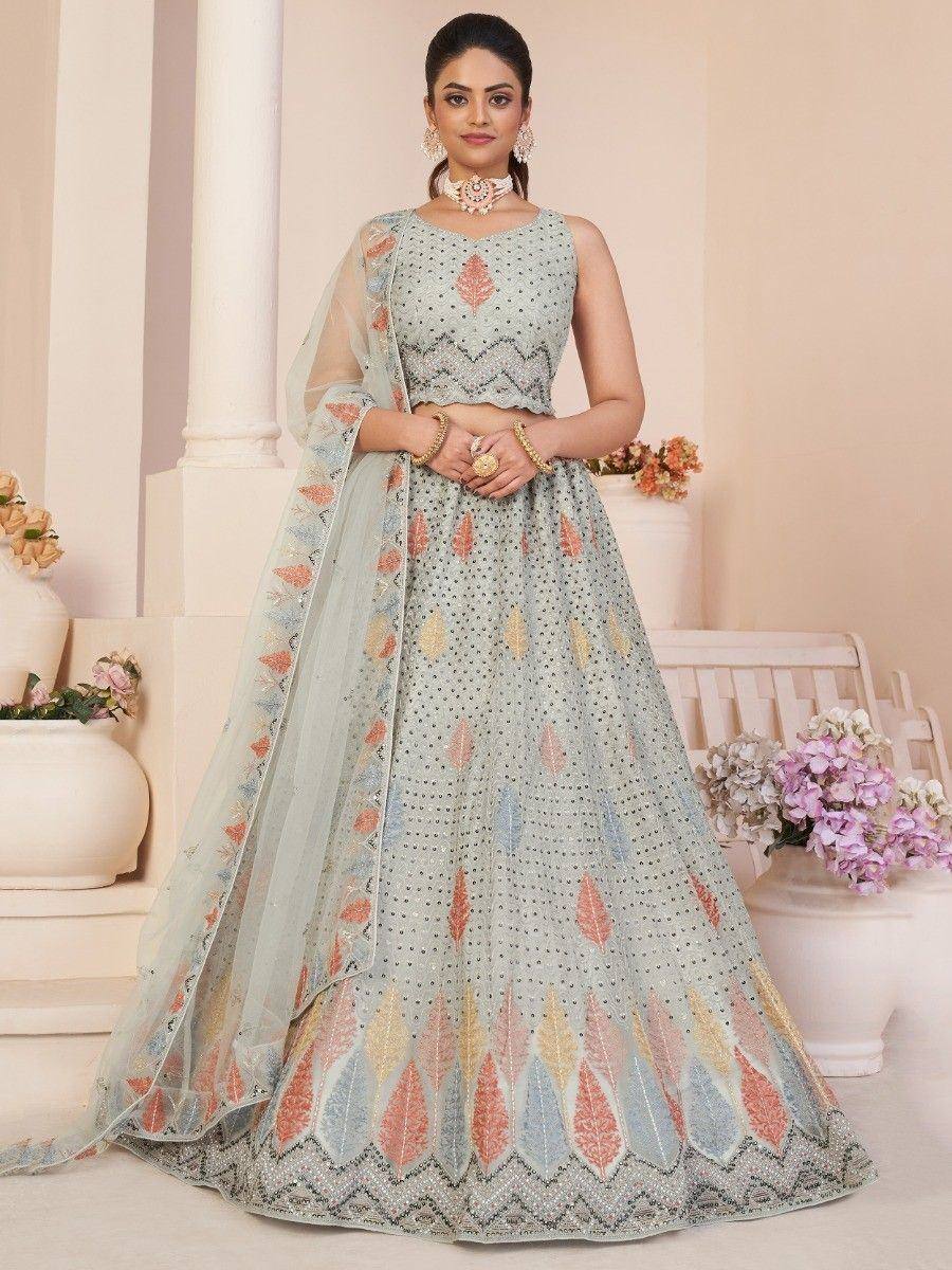 Light blue embroidered lehenga choli with floral motifs, perfect for Indian weddings and festive occasions