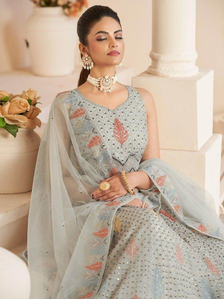 Stunning Grey Sequins Net Reception Wear Lehenga Choli With Dupatta