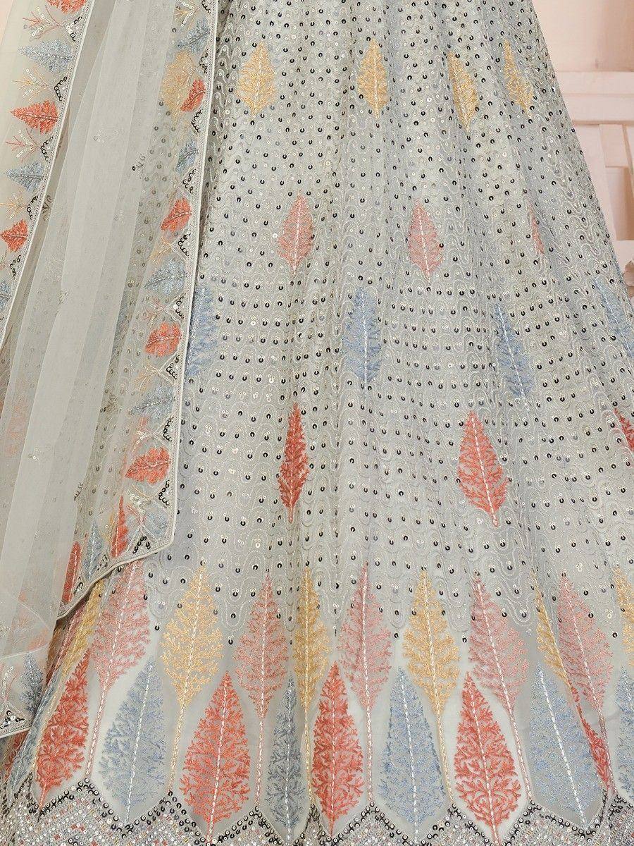 Elegant grey lehenga with colorful leaf embroidery and sequin detailing, perfect for Indian ethnic wear.