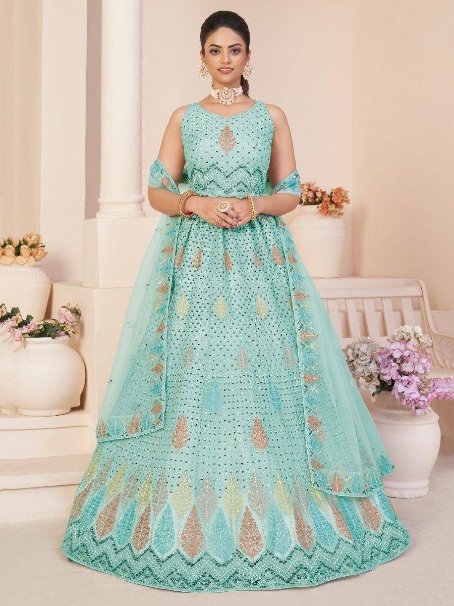 Mint green designer lehenga choli with leaf embroidery, perfect for Indian ethnic wear events
