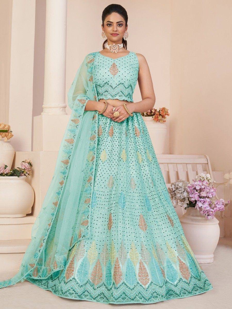 Mint green designer lehenga choli with gold embroidery, perfect for Indian weddings and festive occasions