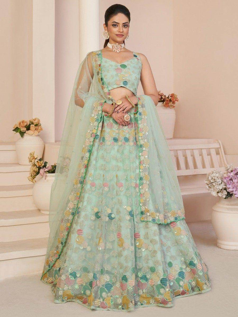 Bewitching Turquoise Sequins Net Reception Wear Lehenga Choli