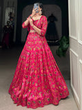 Aesthetic Hot Pink Floral Print Tussar Silk Crop Top Lehenga With Jacket - Ethnic Plus In