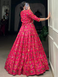 Aesthetic Hot Pink Floral Print Tussar Silk Crop Top Lehenga With Jacket - Ethnic Plus In