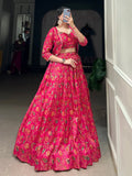 Aesthetic Hot Pink Floral Print Tussar Silk Crop Top Lehenga With Jacket - Ethnic Plus In