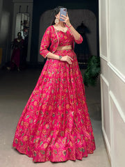 Aesthetic Hot Pink Floral Print Tussar Silk Crop Top Lehenga With Jacket - Ethnic Plus In