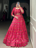 Aesthetic Hot Pink Floral Print Tussar Silk Crop Top Lehenga With Jacket - Ethnic Plus In